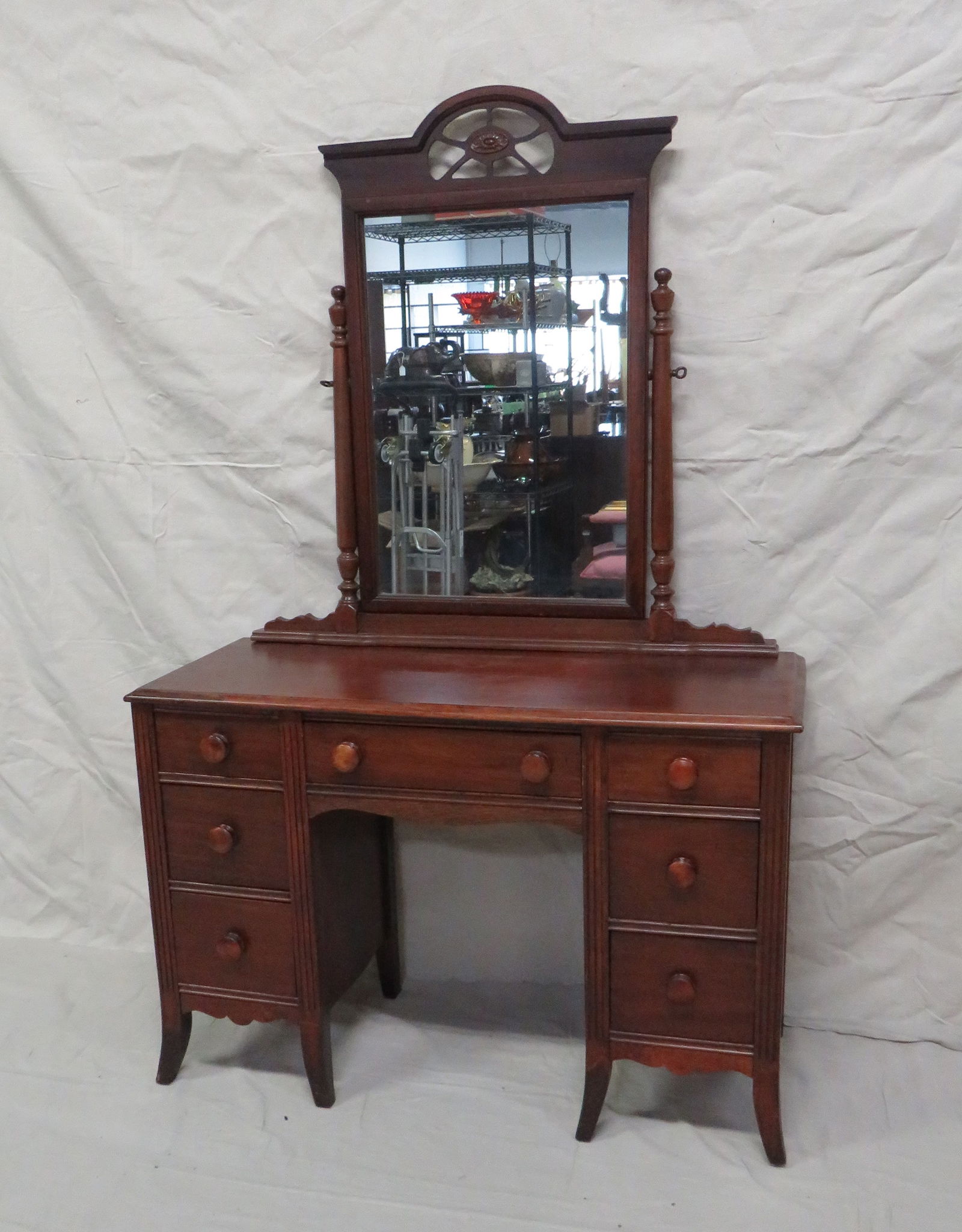 Antique Mahogany Vanity: Antique Mahogany Vanity in good condition, with mirror, dovetailed drawers, 69''H x 45''W x 18''D