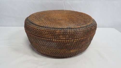 Antique Coiled Woven Basket with Lid