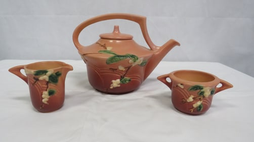 Roseville Pottery Dusty Rose Snowberry Teapot Set