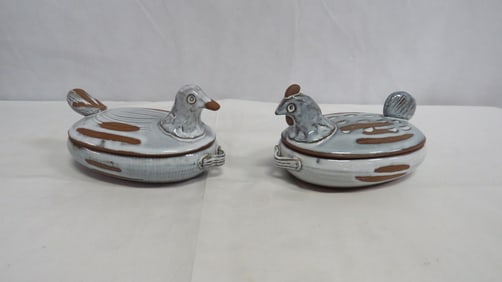 Vintage Glazed Terra Cotta Hen & Rooster Boxes