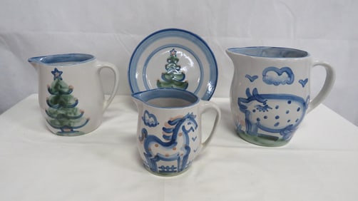 Vintage M A Hadley Pottery 3 Pitchers & Plate