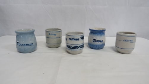 5 Vintage Blue & White Stonewear Spice Crocks