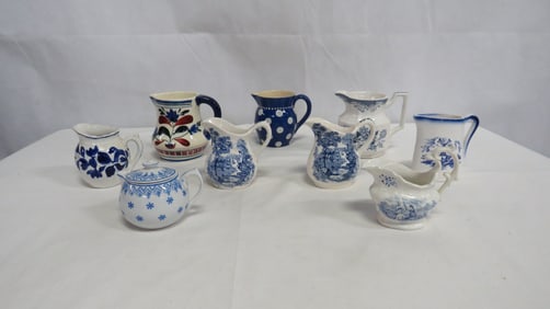 Collection of Antique Blue & White Cream Pitchers