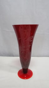 Vintage Etched Ruby Red Trumpet Vase 14.5"