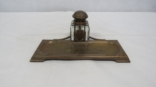 Antique Art Nouveau Brass & Crystal Inkwell
