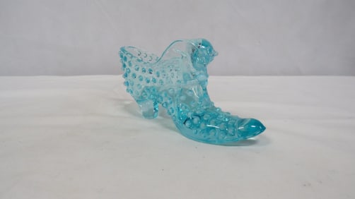 Vintage Blue Hobnail Opalescent Shoe with Cat