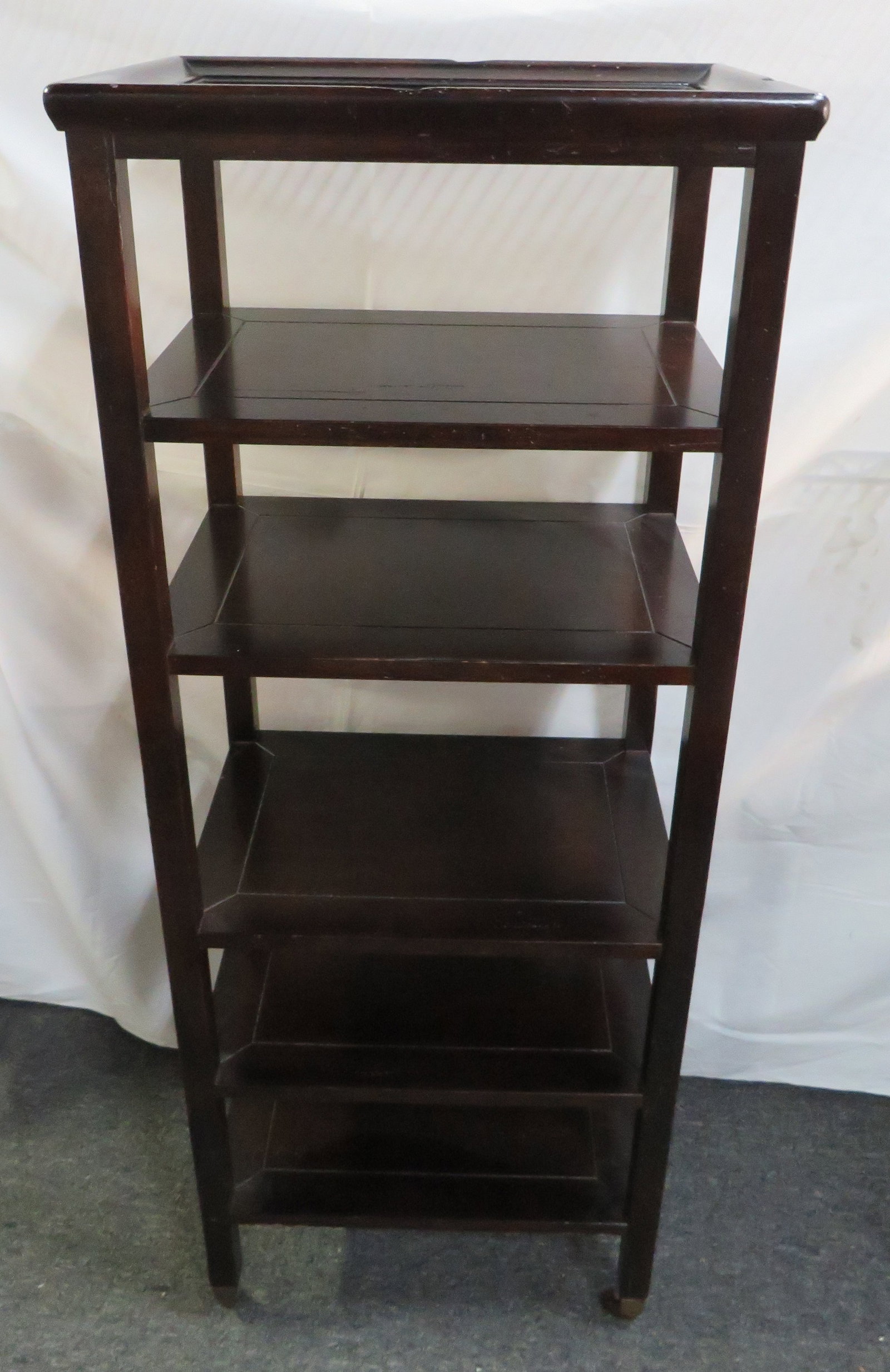 Baker Milling Road Italianate Etagere: Baker Milling Road Italianate Etagere in good condition, on castors, factory distressed finish, 50.5''H x 20''W x 14.5''D