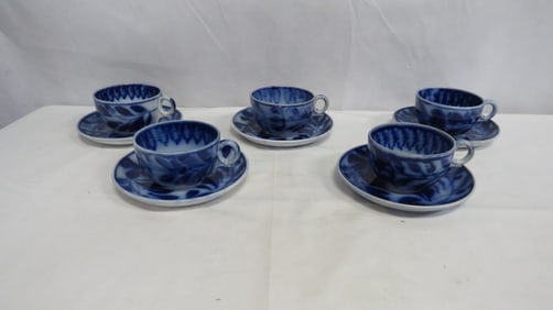 5 Antique Flow Blue Dutch Pottery Cups & Saucers