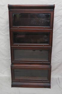 Vintage Mahogany Barrister Four Stack Bookcase: Vintage Mahogany Barrister Four Stack Bookcase in good condition, Beveled Glass Doors, Cabinets Break Down into Several Pieces for Hauling, 66''H x 32''W x 16.5''D
