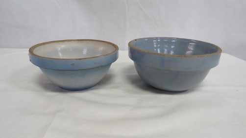 2 Primitive Blue Stoneware Mixing Bowls