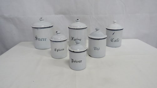 Vintage French White Enamel Canisters Set of 6