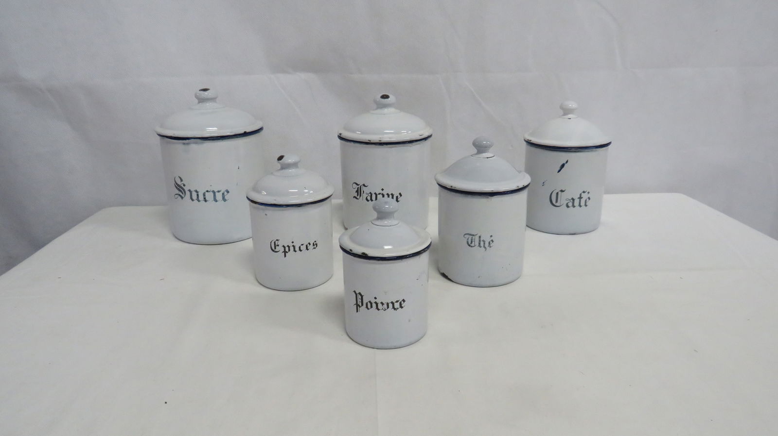 Vintage French White Enamel Canisters Set of 6 (1 of 2)