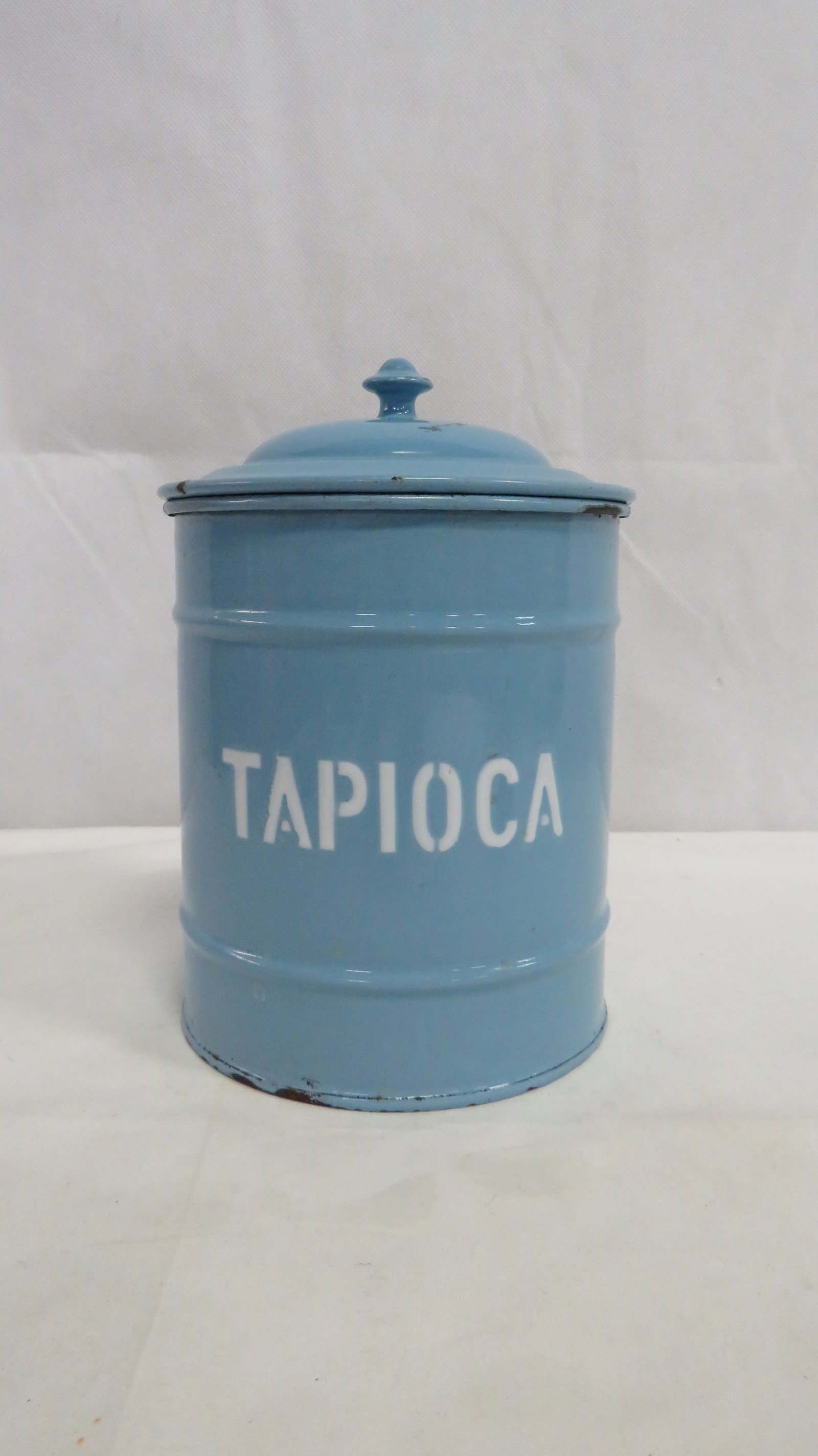 Vintage Blue Enamel Tapioca Storage Canister: Vintage Blue Enamel Tapioca Storage Canister in good condition with age appropriate wear. 8"H