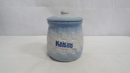 Primitive Blue & White Stoneware Raisins Crock