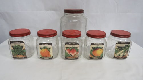 6 Antique Ribbed Hoosier Storage Jars