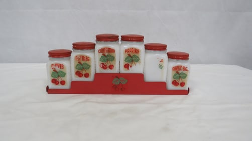 Antique Milk Glass Spice Jars in Rack