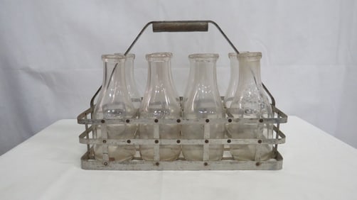 Vintage Metal Milk Bottle Carrier with 8 Bottles