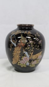 Vintage Black Porcelain Peacock Vase