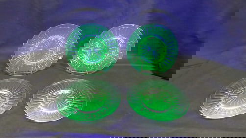 4 Vintage Green Uranium Depression Glass Plates