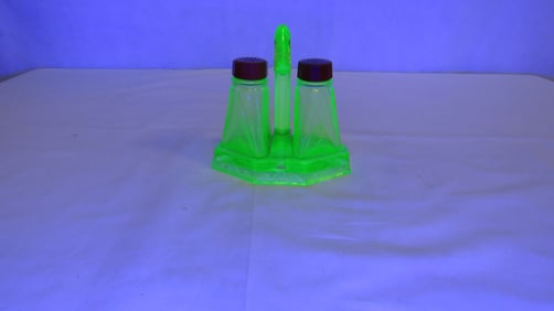 Art Deco Uranium Glass 3 pc Salt & Pepper Set