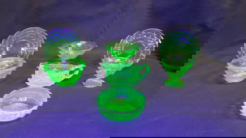 7 Pcs Vintage Green Depression Uranium Glass