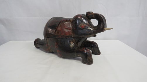Vintage Black Lacquer Carved Wood Elephant Box