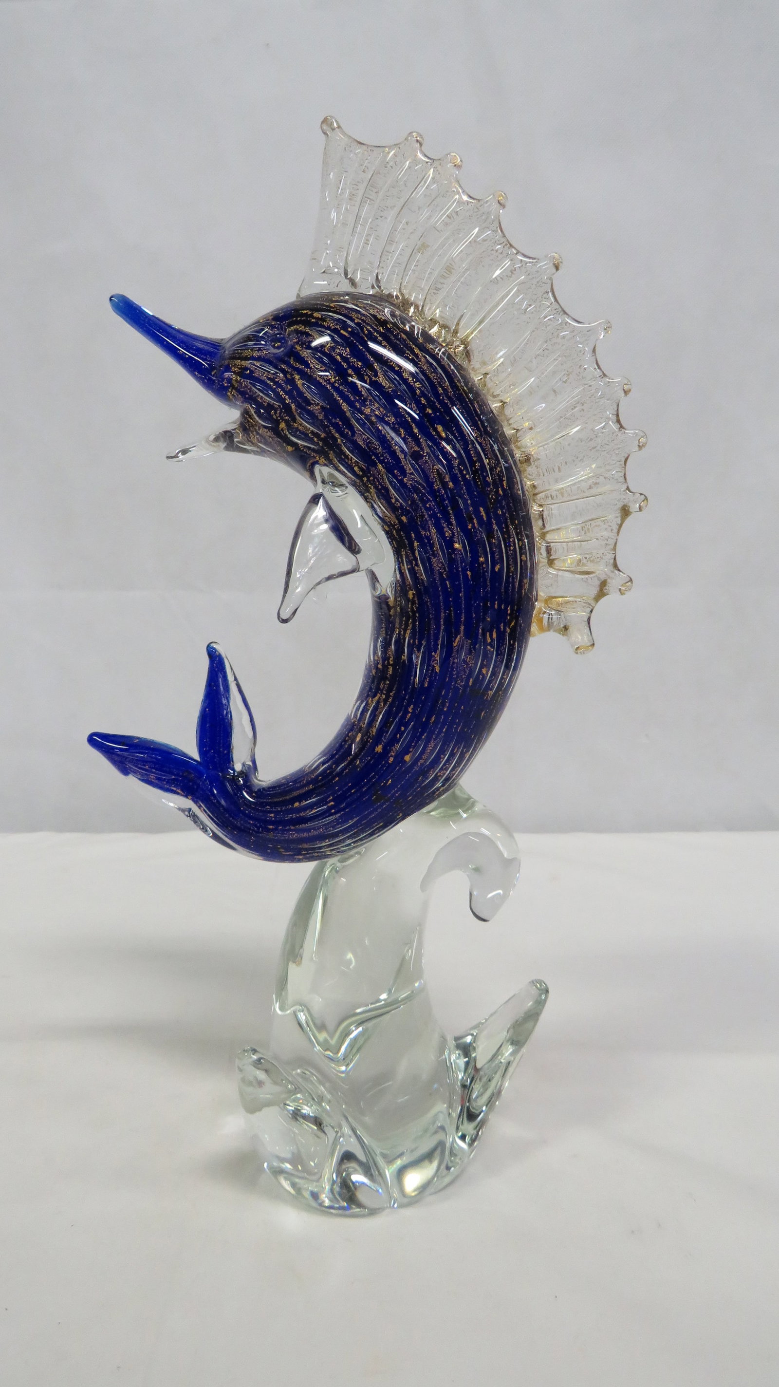 Murano Cobalt Gold Infused Art Glass Sailfish 14": Vintage Murano Cobalt Gold Infused Art Glass Sailfish 14"H in good condition.