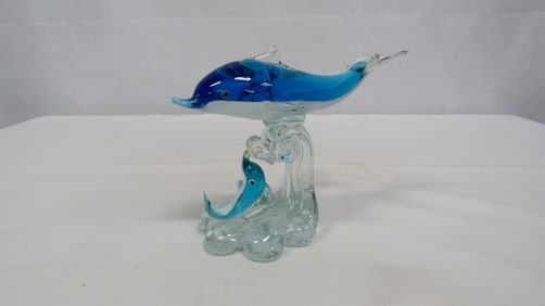 Vintage Art Glass Dolphin & Juvenile on Wave