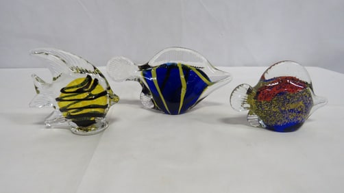 3 Murano Style Colorful Fish Paperweights