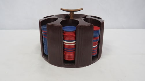 Vintage Poker Fleur-de-Lis Chips in Holder