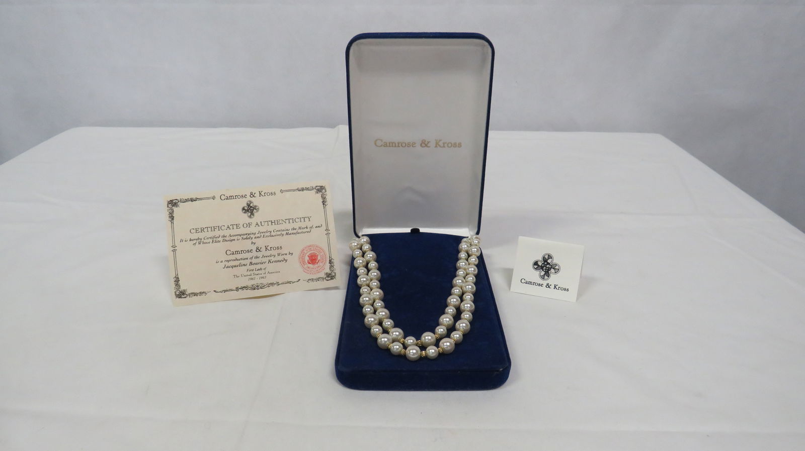Camrose & Kross Jackie Kennedy Pearl Necklace: Camrose & Kross Jackie Kennedy Pearl Necklace with Gold Tone Beads in good condition. Double strand.