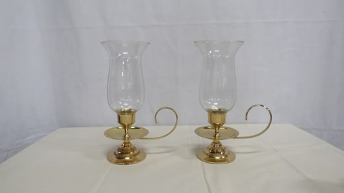 Pair Vintage Brass Candle Holders Hurricane Shade
