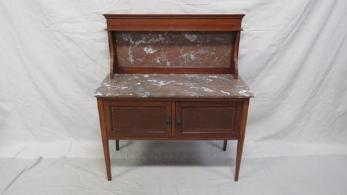 Antique English Walnut Inlaid Marble Top Washstand