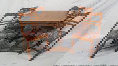 Antique English Oak Deco Draw Leaf Table & Chairs