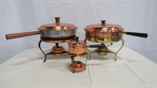 3 Vintage Copper & Brass Chafing Pots