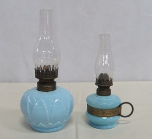 2 Antique Blue Milkglass Miniature Oil Lamps