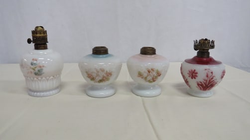 4 Antique Victorian Milkglass Miniature Oil Lamps