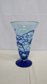 Vintage Art Glass Hand Blown Vase Cobalt Swirls