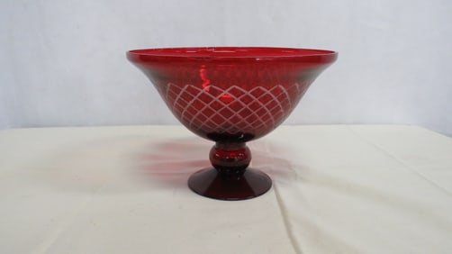Vintage Ruby Flash Footed Cut Glass Bowl