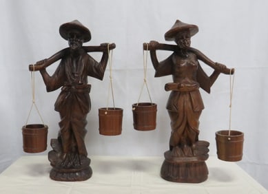 Vintage Chinese Wood Statues with Water Buckets