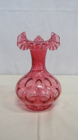 Fenton Inverted Thumbprint Cranberry Crimped Vase