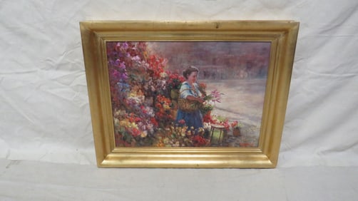 Vintage Large Signed Lady & Flowers Oil Painting