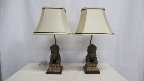 Pair Chinoiserie Guardian Foo Dog Lamps