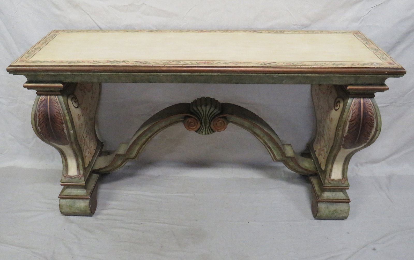 Maitland Smith Neoclassical Console Table: Maitland Smith Neoclassical Console Table in good condition, Painted on all sides, Stretcher Base, 36''H x 66''W x 20''D