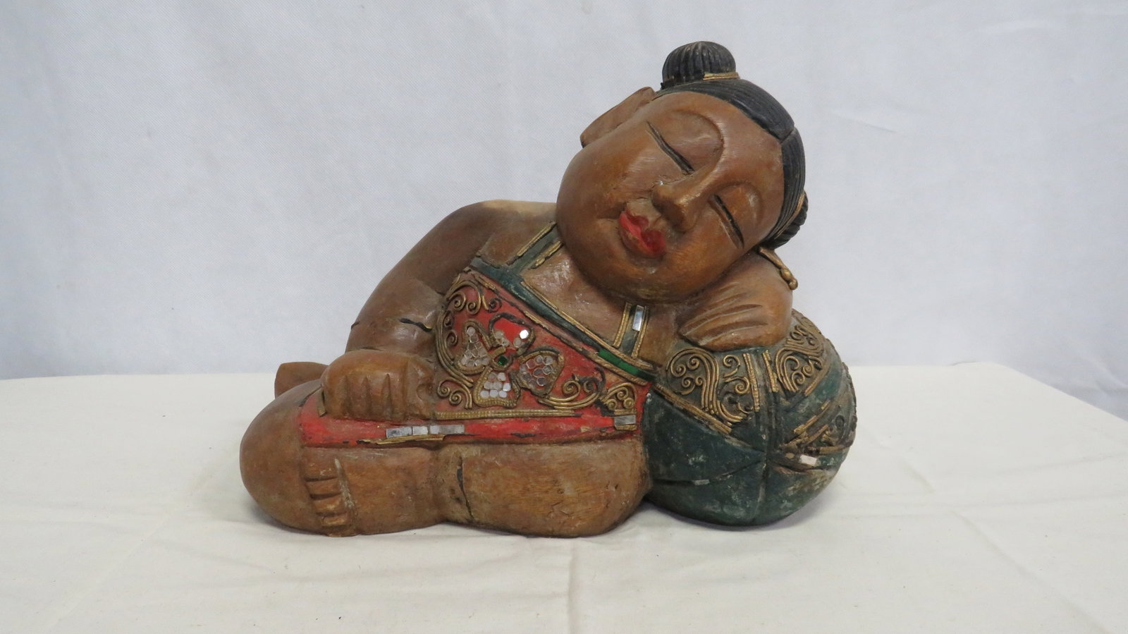 Vintage Carved Good Luck Child Wooden Statue: Vintage Carved Good Luck Child Wooden Statue in good condition. Repair to foot. 10"H x 14"L x 6"W