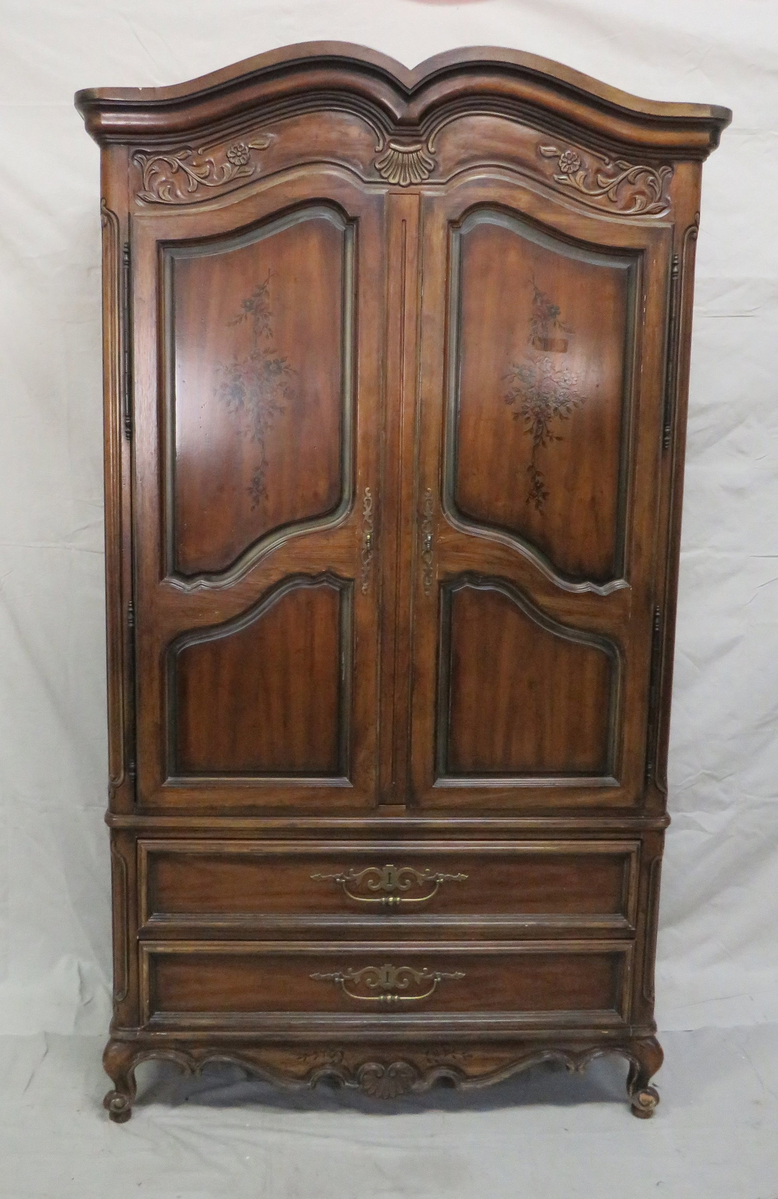 Drexel Heritage Country French Armoire: Drexel Heritage Country French Armoire in good condition, Fitted Interior, Dovetailed Drawers with Brass Hardware, Paneled Sides, Stenciled Doors, 81.5''H x 45''W x 19''D