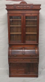 19th C. Eastlake Walnut Barrel Roll Cylinder Desk
