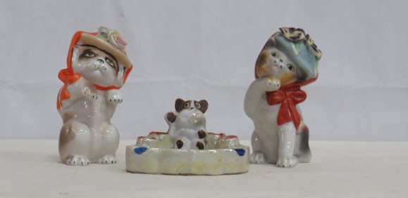 Antique Japanese Porcelain Dog & Cat Figures