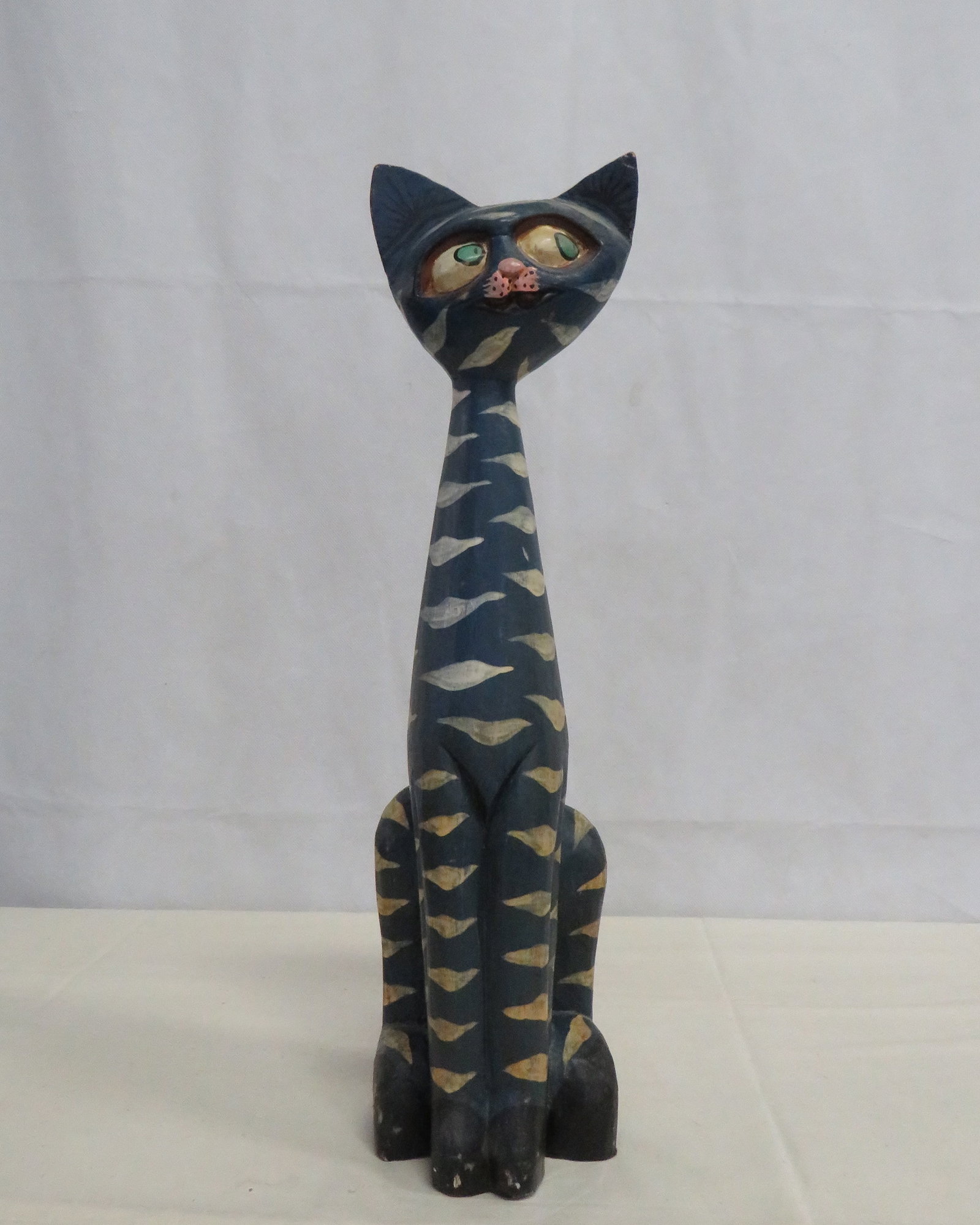 Vintage Whimsical Folk Art Wooden Cat: Vintage Whimsical Folk Art Wooden Cat in good condition with some paint loss on the back. 18.75"H x 4.5"L x 4.5"W