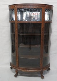 Antique Oak Leaded Round Glass China Cabinet